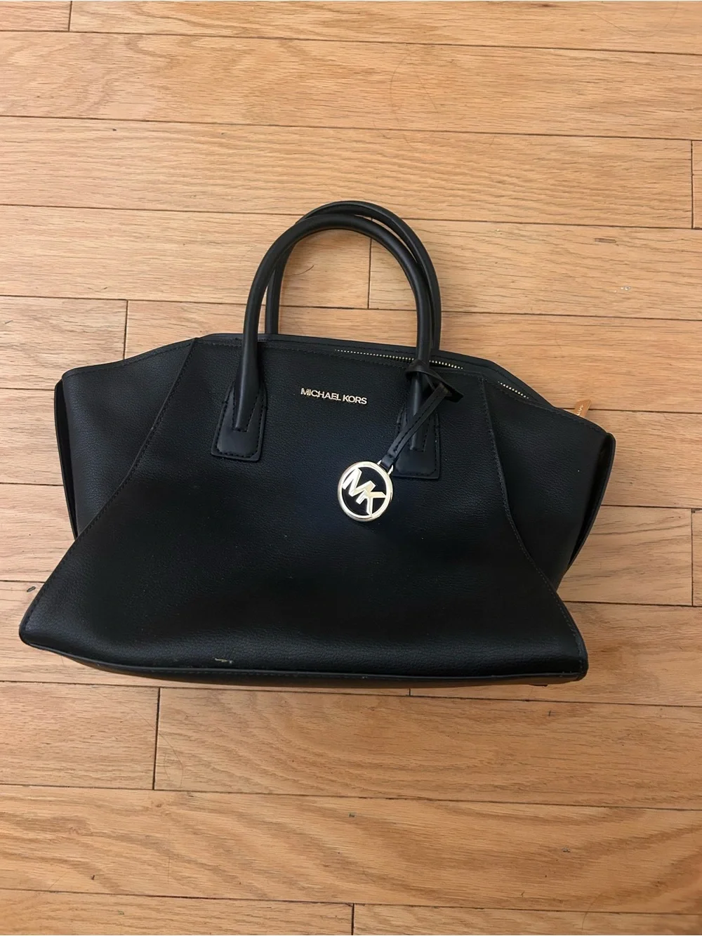 Michael Kors Black Pebbled Leather Satchel with Gold MK Charm